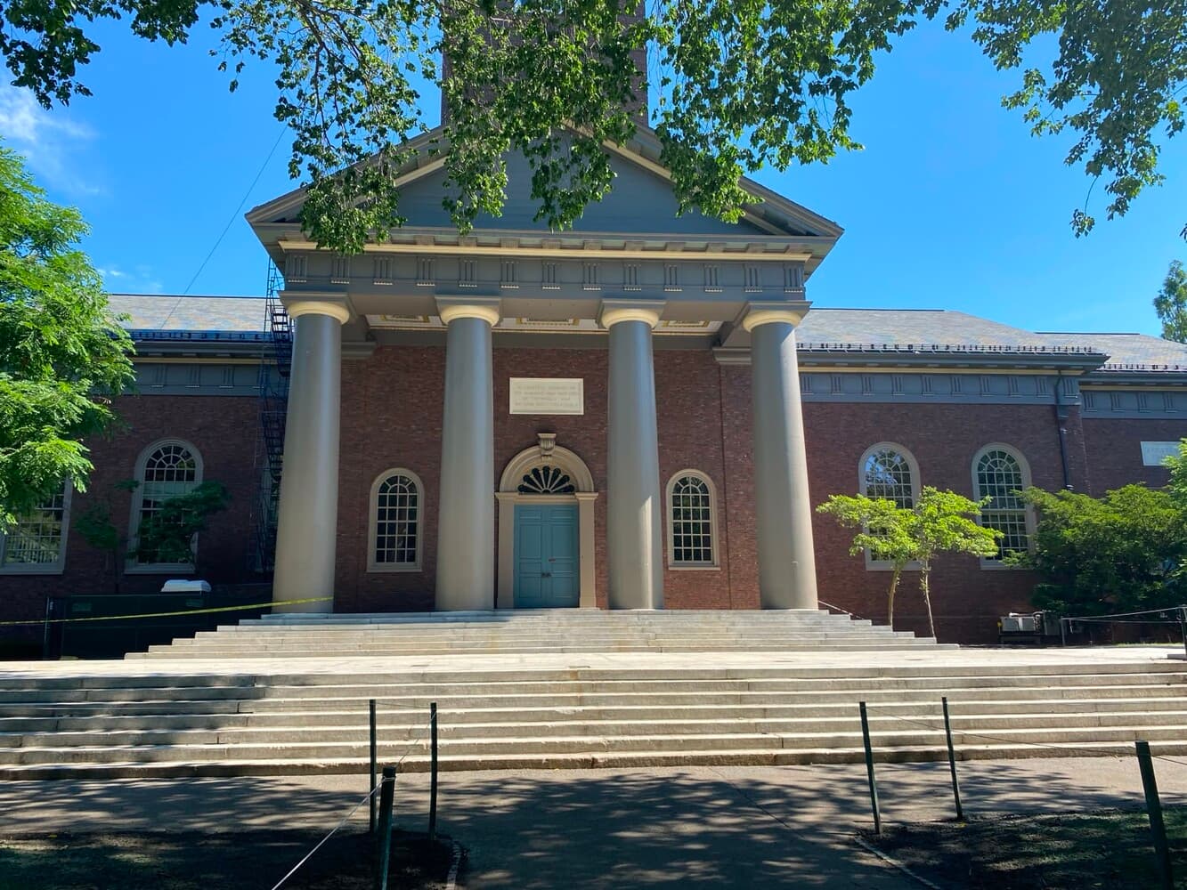 The grand columned entrance of Widener Library