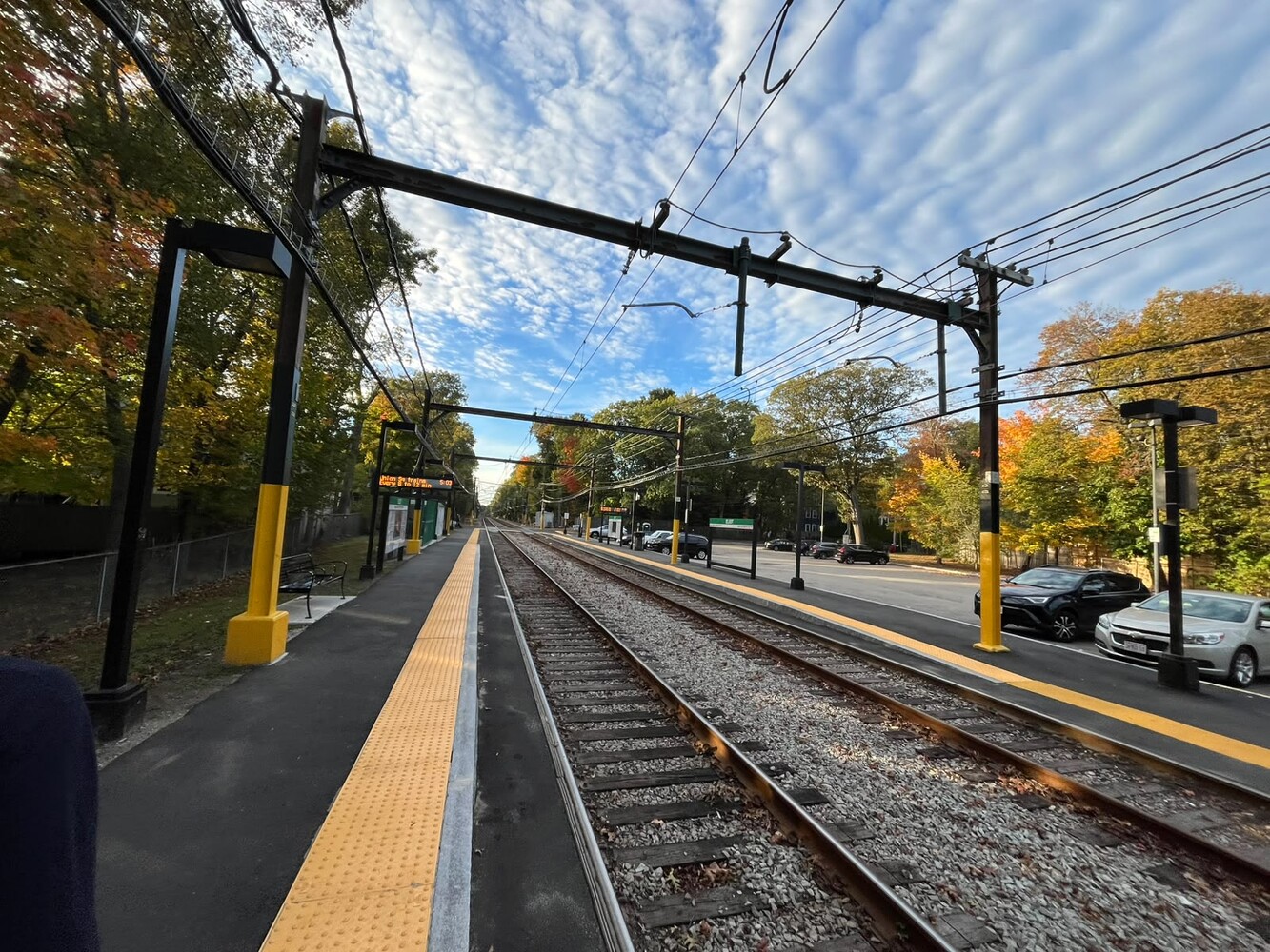 A Green Line branch station amid fall foliage